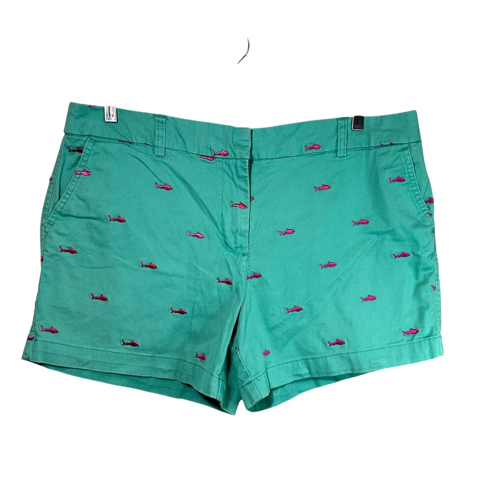 British Khaki Womens Shark Embroidered Chino Shorts Teal Pink 12 Nautical Preppy